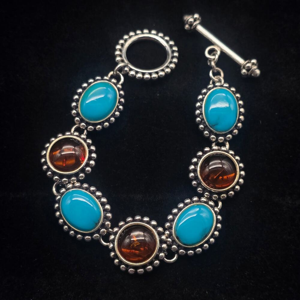 Sterling Silver Turquoise Amber Bracelet 925 LT Oval Link